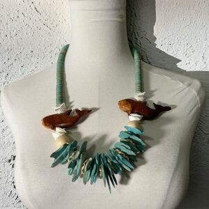 Vintage Tropical Necklace Turquoise Wood Like Beads  western nautical boho